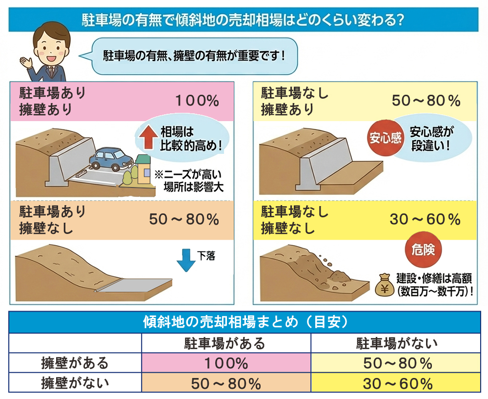 傾斜地の駐車場の売却相場めやす