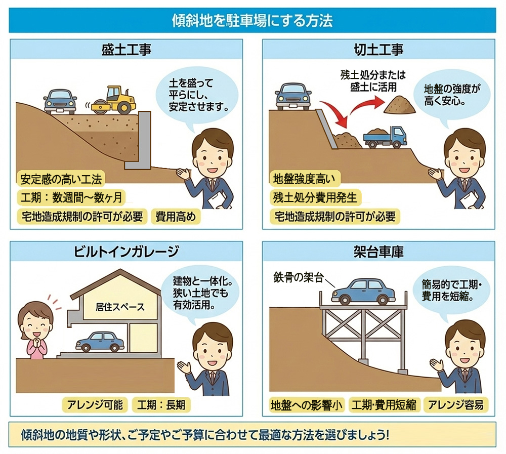 傾斜地を駐車場にする方法,盛土,切土,ビルトイン,架台