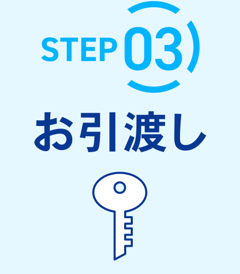 負動産買取までの流れSTEP03。売買代金全額を受け取り、不動産を引き渡す最終ステップ。買取・仲介どちらのケースにも柔軟に対応します。