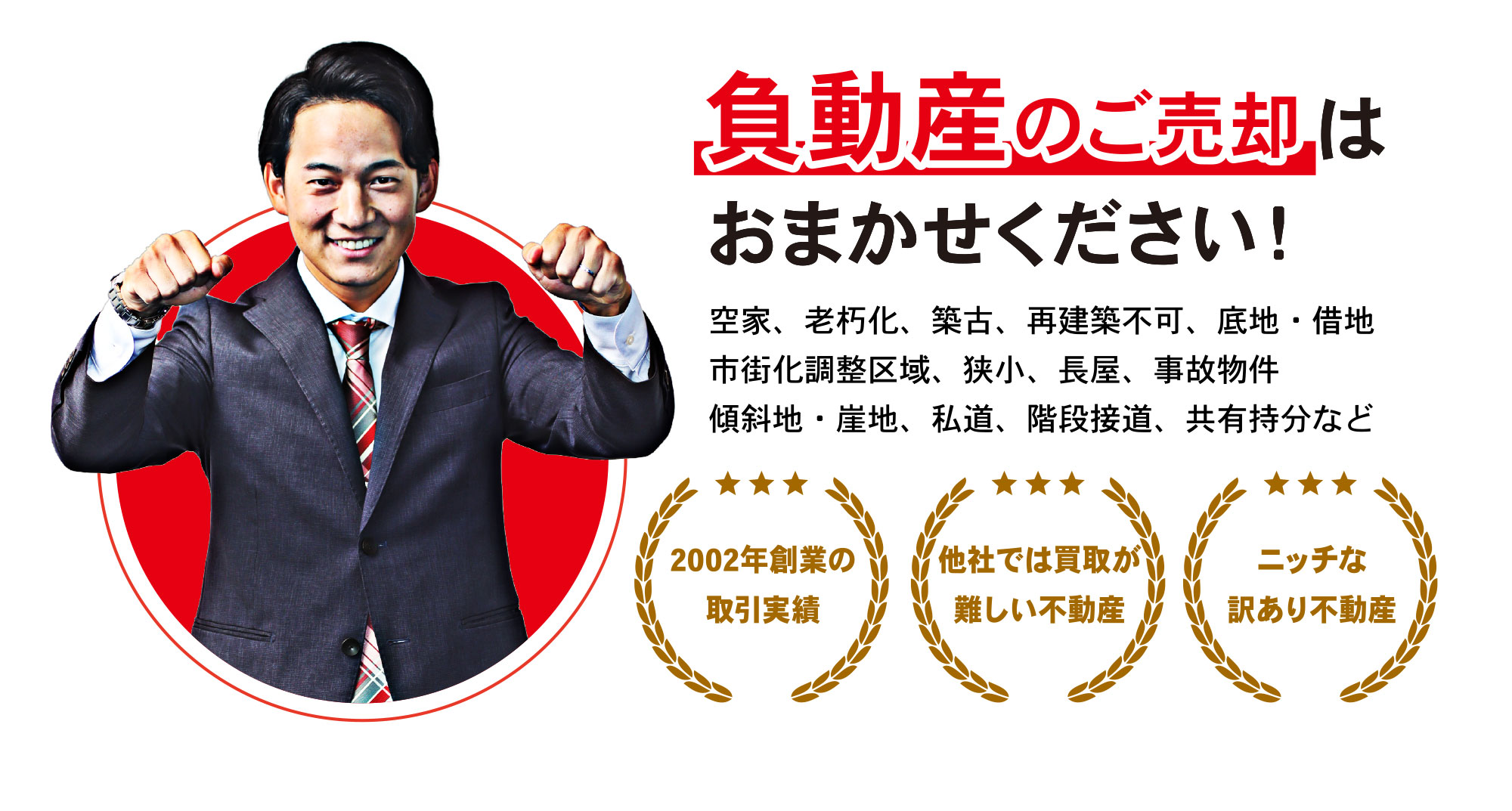 負動産のご売却はおまかせください、どのような複雑な負動産でも買取可能です。再建築不可・底地・借地・事故物件などの難しい問題も専門ノウハウで解決します。
