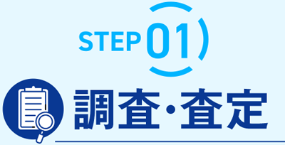 負動産買取までの流れSTEP01。再建築不可や底地など、売却困難な不動産に特化した専門的な調査と査定を行います。